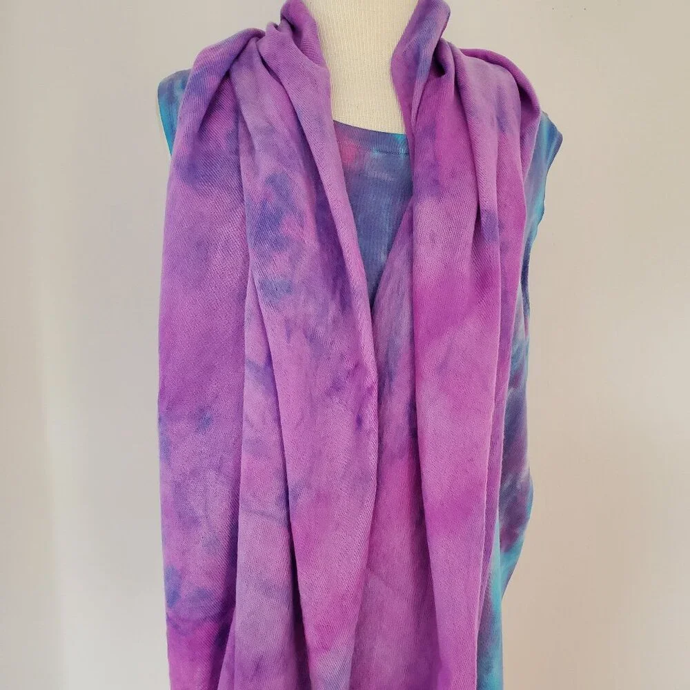 NEW Cashmere merino oversized Scarf Wrap tie dyed brunello blue purple pink XL